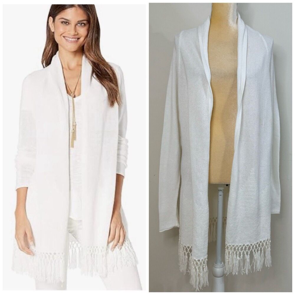 Lilly Pulitzer Tatum Long Fringe Cardigan Size L Resort White Open Front
